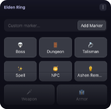 Marker buttons for an Elden Ring preset: Boss, Dungeon, Talisman, Spell, NPC, Ashen Remnant, Weapon, Armor.