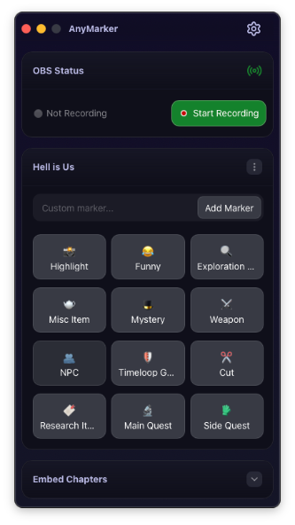 AnyMarker dock showing OBS Status, a Start Recording button & Marker Buttons