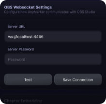 OBS Websocket Settings in the Settings page, showing Server URL and Server Password fields with Test and Save Connection buttons.