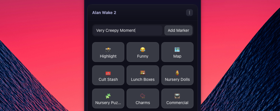 The AnyMarker dock for an Alan Wake 2 preset, with Very Creepy Moment typed into the Custom marker field above an Add Marker button and named marker buttons