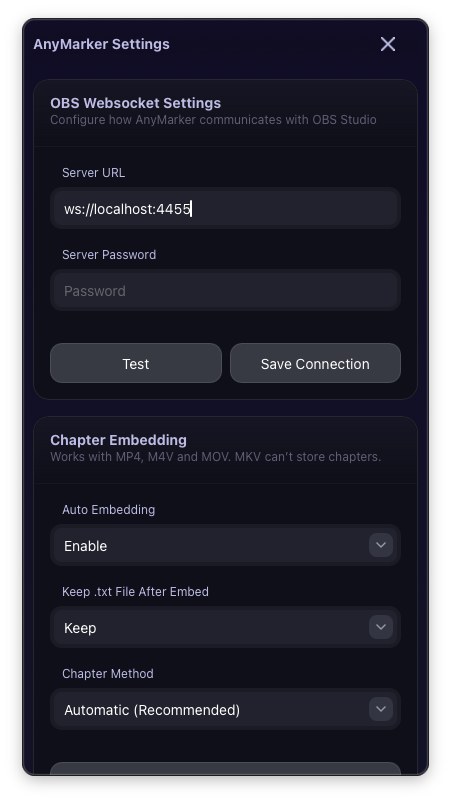 AnyMarker connected to OBS over WebSocket